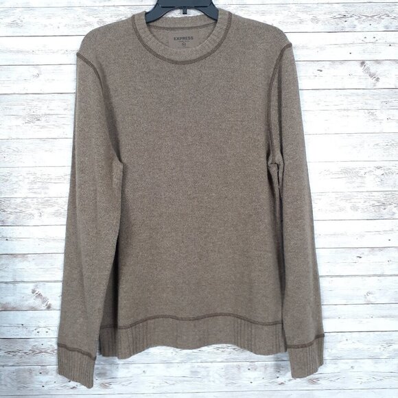 Express Other - Express Mens 100% Lambs Wool Sweater M Crow Neck Long Sleeve Tan 158